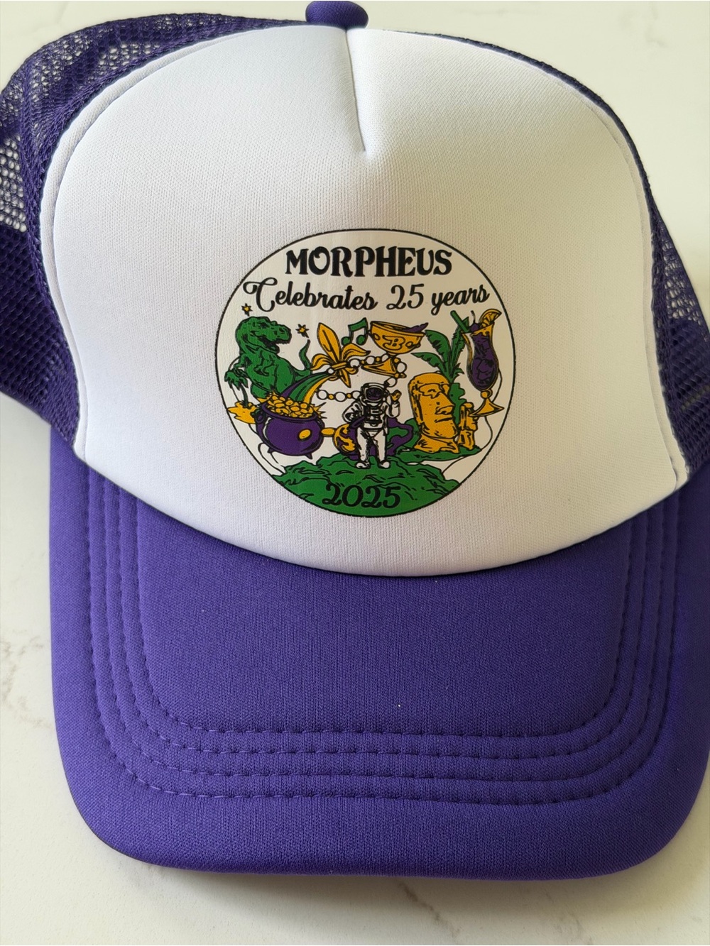 Mardi Gras Morpheus Purple and White Trucker Hat Colorful 25th Anniversary 2025